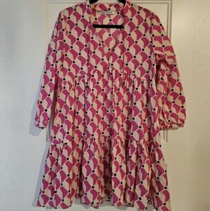 Zara Mini Cadie Tiered Pink Geometric Pattern Dress sz small